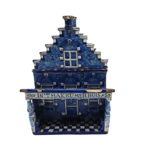 199 - A DELFT MODEL HOUSE/BOX the roof forming a lid, the portico with the inscription, IN'T MAKKUMER HUIS... 