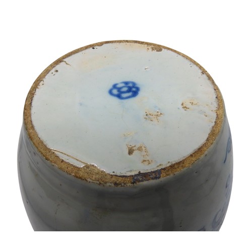 213 - AN 18TH CENTURY SPANISH DRUG JAR in blue and white with the word 'Spaanse' (Spanish). Within a folia... 