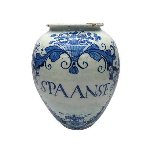 213 - AN 18TH CENTURY SPANISH DRUG JAR in blue and white with the word 'Spaanse' (Spanish). Within a folia... 