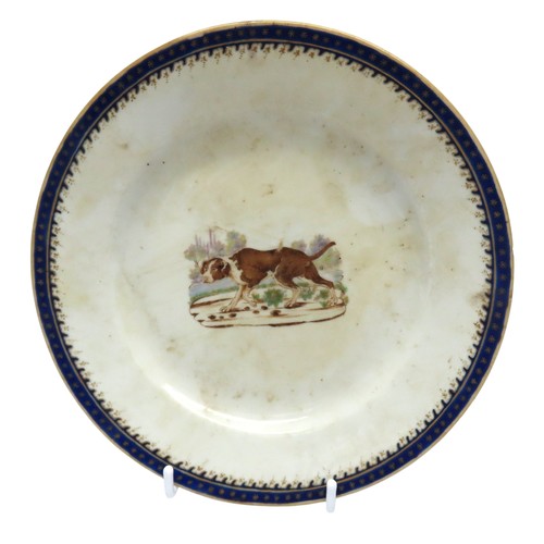 222 - A CHINESE EXPORT 18TH CENTURY PLATE decorated with a picture of a 'hound' or hunting dog, some surfa... 