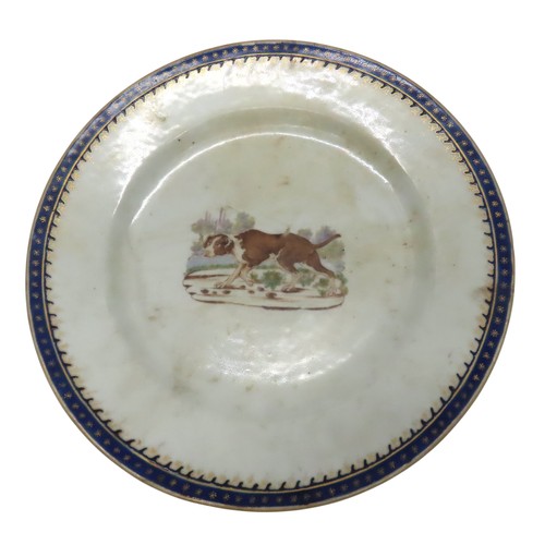 222 - A CHINESE EXPORT 18TH CENTURY PLATE decorated with a picture of a 'hound' or hunting dog, some surfa... 