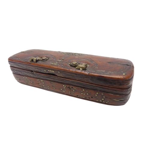 316 - A SMALL 16TH CENTURY BOX OF RECTANGULAR FORM the exterior with naive incised decoration, three brass... 