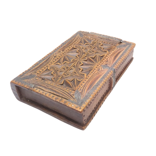 309 - A BOX WOOD AND PEWTER INLAID SNUFF BOX in the form of a book decorated with notch-carved 'cross' pan... 