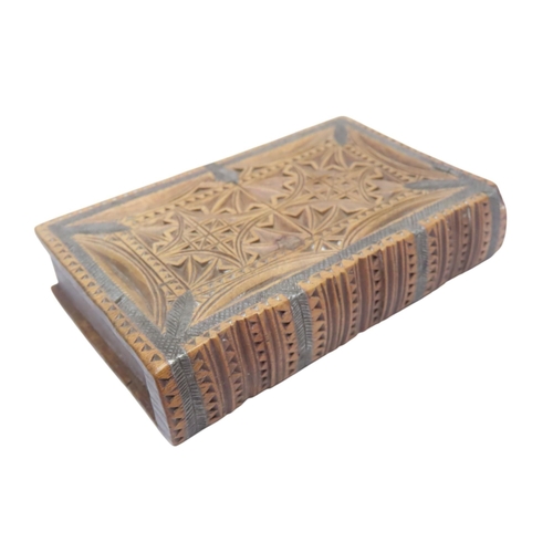 309 - A BOX WOOD AND PEWTER INLAID SNUFF BOX in the form of a book decorated with notch-carved 'cross' pan... 