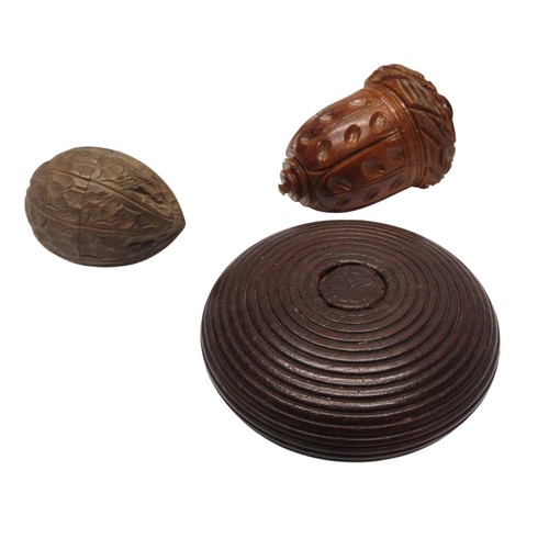 304 - A 19TH CENTURY NUTMEG GRATER, a circular seal box with an unusual push-out configuration, and a 'thi... 