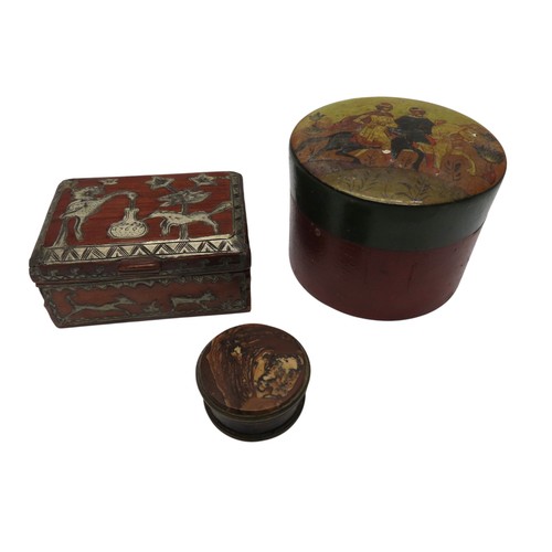 301 - A SMALL WOODEN BOX, PEWTER INLAID WITH NAIVE ANIMALS AND SCRATCH ENGRAVED '1760'. a cylindrical wood... 