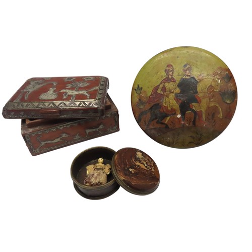 301 - A SMALL WOODEN BOX, PEWTER INLAID WITH NAIVE ANIMALS AND SCRATCH ENGRAVED '1760'. a cylindrical wood... 