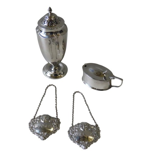 341 - A SILVER SUGAR SIFTER, MUSTARD POT AND TWO DECANTER LABELS, the lobed tapering sifter marked Mappin ... 