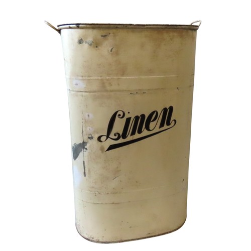 434 - A TOLE WARE LINEN BIN with hinged lid and side handles with 'Linen' painted on the front face.