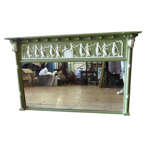 86 - REGENCY STYLE SINGLE PLATE OVERMANTEL MIRROR with gesso classical frieze, the whole painted in the m... 