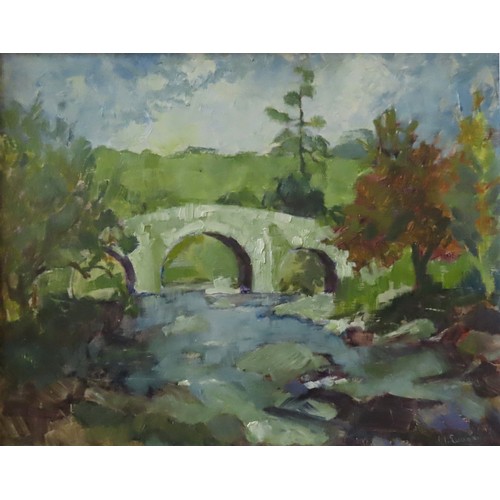 273 - M. EVANS, DARTMOOR, HEXWORTHY BRIDGE, oil on board, labelled verso, framed. 39 x 49 cms