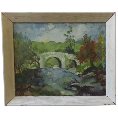 273 - M. EVANS, DARTMOOR, HEXWORTHY BRIDGE, oil on board, labelled verso, framed. 39 x 49 cms