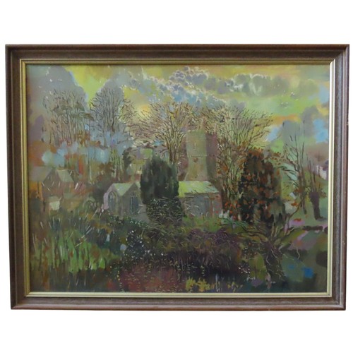 280 - M MARTIN, CHURCH IN LANDSCAPE OIL PAINTING ON BOARD, possibly Maurice Martin, framed. 60 x 78 cms