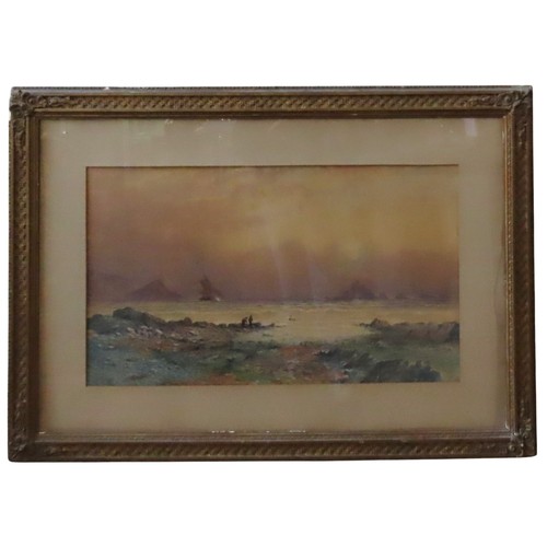 284 - HARRY WILLIAMS, COASTAL SCENE with figures and boat, watercolour, dated 1873, in gilt gesso frame. 4... 