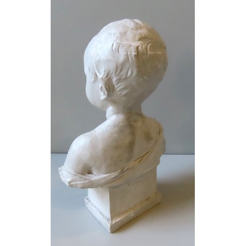 319 - PORTRAIT BUST OF A CHILD, plaster, early 20th century, unsigned. 39 cms high.