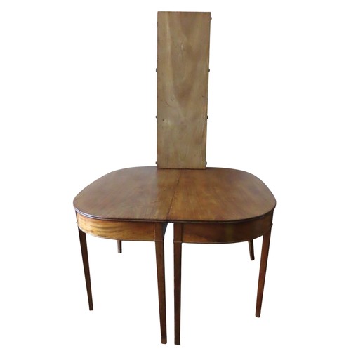 14 - REGENCY MAHOGANY D-END DINING TABLE with single leaf and upon tapering legs. 150 cms long