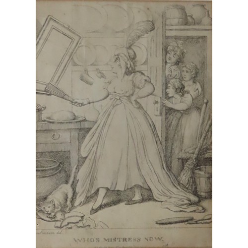 268 - THOMAS ROWLANDSON (1756-1827) TWO ETCHINGS 'WHO'S MISTRESS NOW' & 'BEEF A LA MODE', affixed in c... 