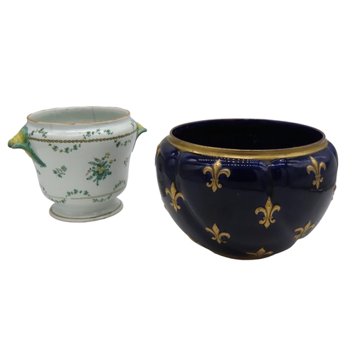 471 - A FRENCH LUNEVILLE LOBED JARDINIERE AND A FAIENCE JARDINERE, the Luneville jardiniere with gilded fl... 