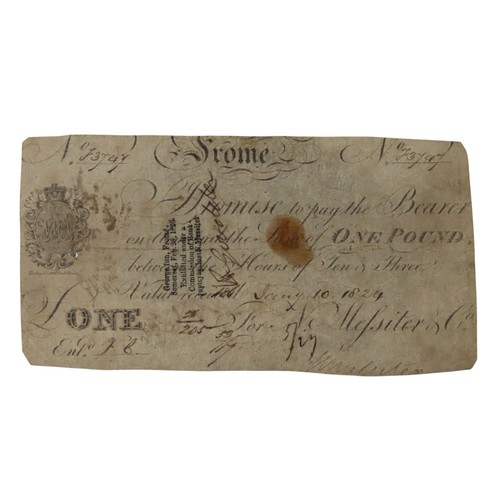 498 - A 'FROME' ONE POUND BANK NOTE, printed and handwritten, dated 1824, bearing an ink stamp reading: 'G... 