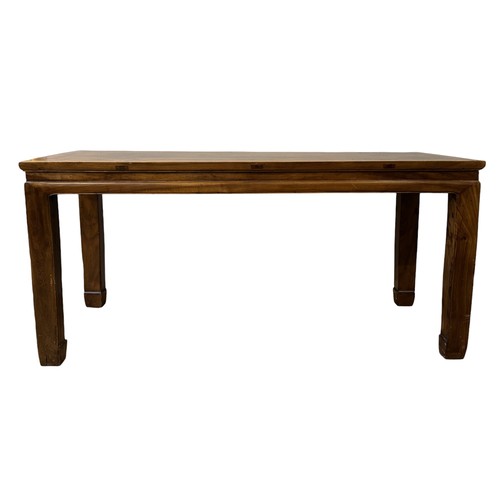 514 - A CHINESE HARDWOOD ALTAR TABLE, panel inset rectangular top over a recessed frieze, raised on square... 