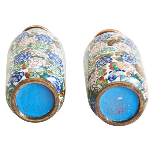 2 - A PAIR CHINESE CLOISONNÉ CYLINDRICAL VASESLATE QING DYNASTYdecorated in coloured enamels with a prof... 