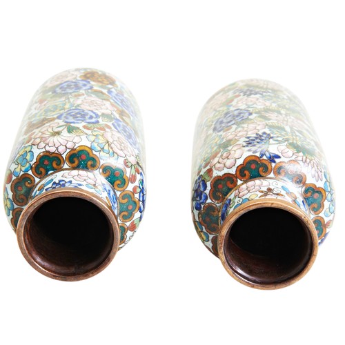 2 - A PAIR CHINESE CLOISONNÉ CYLINDRICAL VASESLATE QING DYNASTYdecorated in coloured enamels with a prof... 