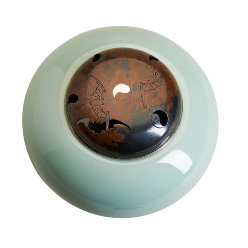 38 - A FINE JAPANESE CELADON KORO AND COVER20TH CENTURYof compressed ovoid form, with a pierced bronze an... 