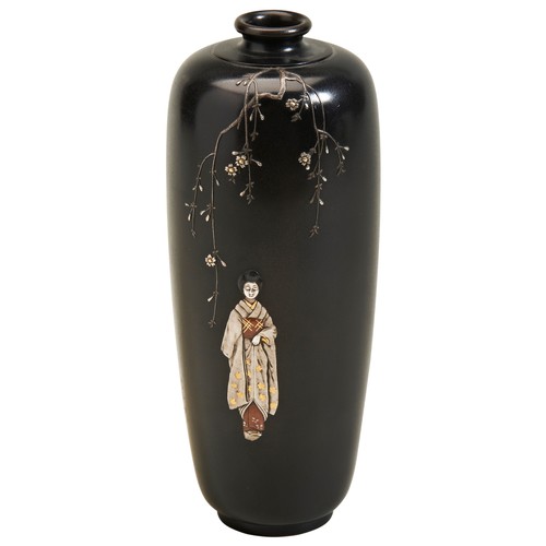 A FINE JAPANESE SILVER AND GOLD SHAKUDO VASE 