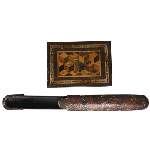 388 - AN INDO-PERSIAN PAPIER MACHE SCRIBES BOX and a Tunbridge ware card box, both worn. 22 cms long.