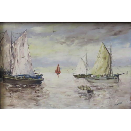 401 - TWO MID 20TH CENTURY MARITIME OIL PAINTINGS, one depicting yachts on calm waters (38 x 59 cm), the o... 