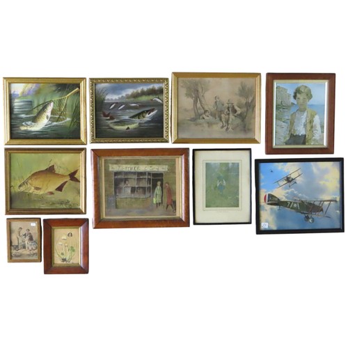 400 - NAIVE PAINTING OF A SALMON IN A LANDING NET, two other similar pictures, 20th century, and other ass... 