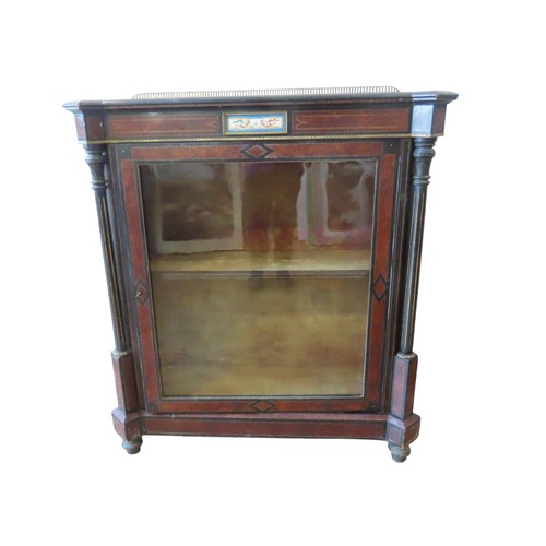 89 - A VICTORIAN BURR WALNUT & EBONISED PIER CABINET, pierced brass gallery back over a rectangular t... 