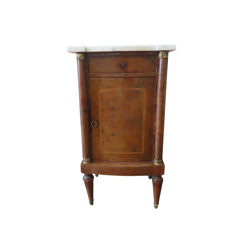 88 - A FRENCH LOUIS XVI STYLE BURR WALNUT POT CUPBOARD, LATE 19TH CENTURY, with a white marble top and a ... 