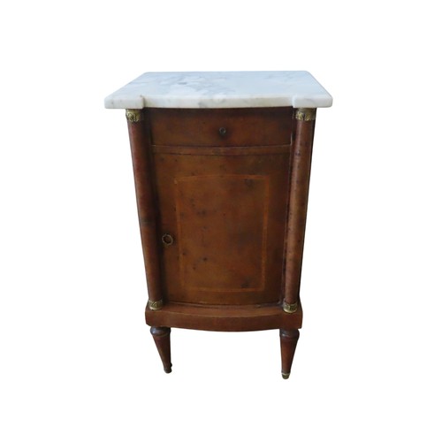 88 - A FRENCH LOUIS XVI STYLE BURR WALNUT POT CUPBOARD, LATE 19TH CENTURY, with a white marble top and a ... 