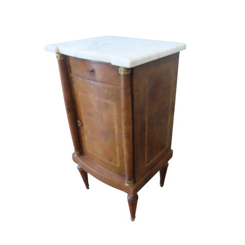 88 - A FRENCH LOUIS XVI STYLE BURR WALNUT POT CUPBOARD, LATE 19TH CENTURY, with a white marble top and a ... 