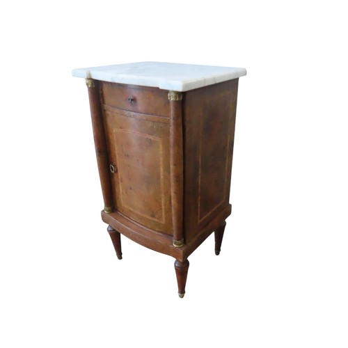 88 - A FRENCH LOUIS XVI STYLE BURR WALNUT POT CUPBOARD, LATE 19TH CENTURY, with a white marble top and a ... 