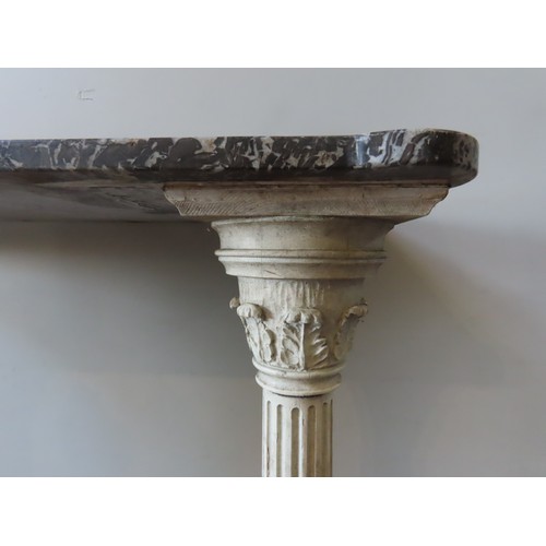 27 - A PAINTED WOODEN MARBLE TOP CONSOLE TABLE, the rectangular marble slab supported by twin Corinthian ... 