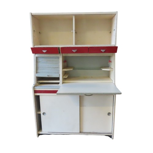 7 - A VINTAGE KITCHEN CABINET, CIRCA 1950, comprised of two cabinets over three short drawers, above a t... 