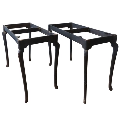 83 - A PAIR OF VINTAGE IRON CONSOLE TABLES WITH MARBLE TOPS, a rectangular white marble slab sat atop a c... 