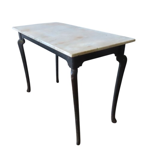 83 - A PAIR OF VINTAGE IRON CONSOLE TABLES WITH MARBLE TOPS, a rectangular white marble slab sat atop a c... 