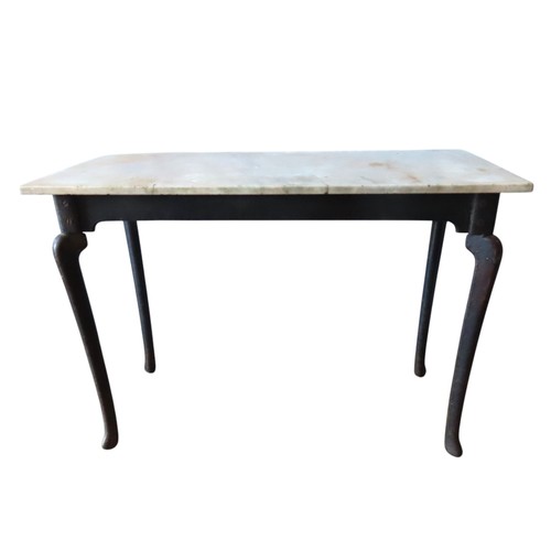 83 - A PAIR OF VINTAGE IRON CONSOLE TABLES WITH MARBLE TOPS, a rectangular white marble slab sat atop a c... 