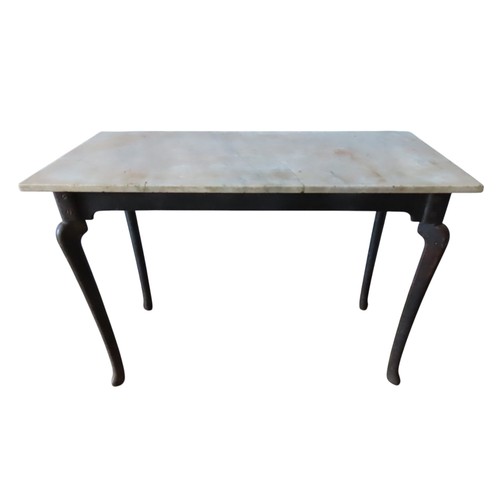 83 - A PAIR OF VINTAGE IRON CONSOLE TABLES WITH MARBLE TOPS, a rectangular white marble slab sat atop a c... 