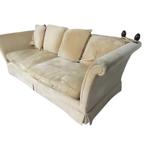 3 - A KNOLE-STYLE SETTEE, covered in a pale gold coloured fabric, with drop-down scroll armsHeight 90cm ... 