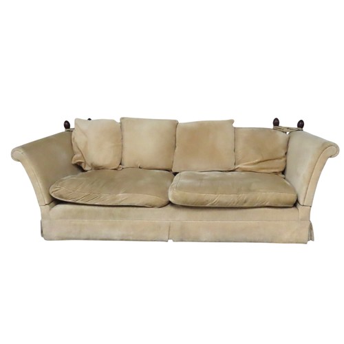 3 - A KNOLE-STYLE SETTEE, covered in a pale gold coloured fabric, with drop-down scroll armsHeight 90cm ... 