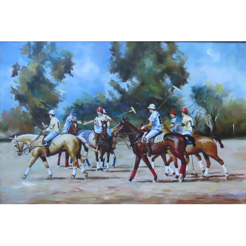 82 - PAUL HICKMAN (b.1936) 'POLO MATCH' OIL PAINTING ON CANVAS, signed in lower right corner59.5 x 90 cmP... 