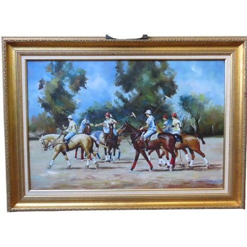 82 - PAUL HICKMAN (b.1936) 'POLO MATCH' OIL PAINTING ON CANVAS, signed in lower right corner59.5 x 90 cmP... 