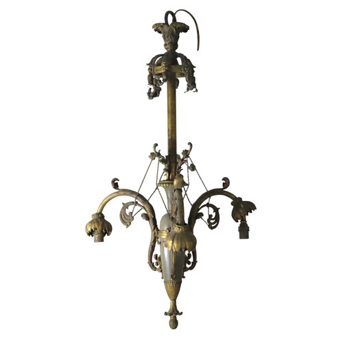 22 - A GILT BRASS LOUIS XV-STYLE CENTRAL PENDANT LIGHT FITTING, EARLY 20TH CENTURY, amphora form central ... 