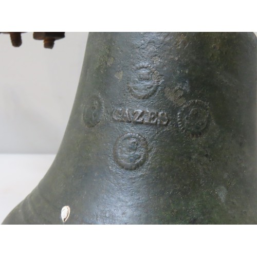 32 - A 19TH CENTURY BRONZE BELL, the headstock with iron strapwork, the bell inscribed Gazes with foundry... 