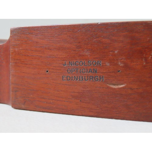 42 - A VINTAGE MAGHOGANY MEASURING STICK AND TRANSIT CASE, the angle bracket containing a spirit level en... 