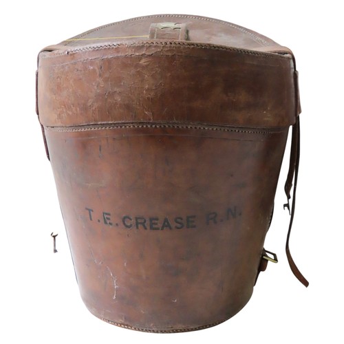 37 - A VINTAGE LEATHER LEG OF MUTTON GUN CASE AND A TOP HAT TRANSIT BOX, the hat box inscribed T.E Crease... 